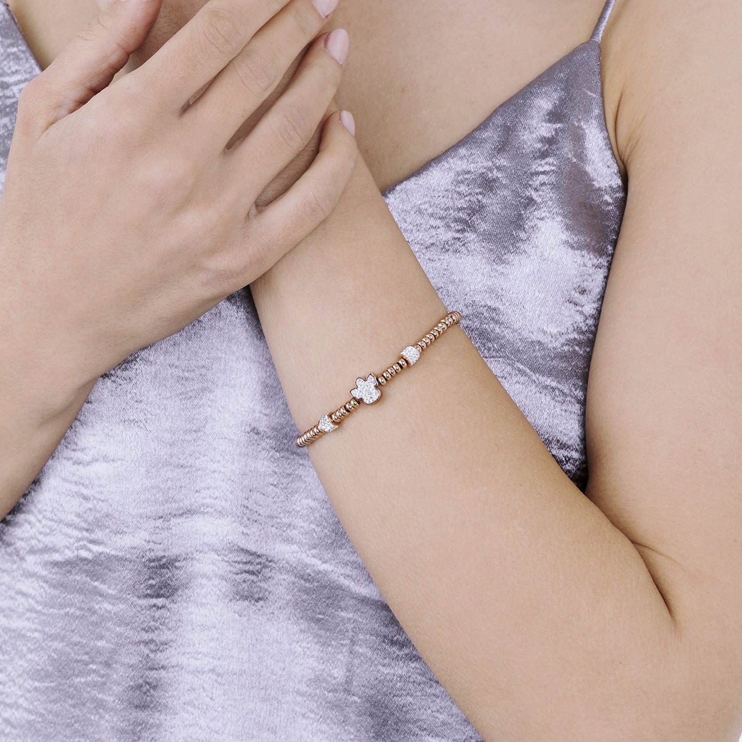 BRACCIALE IN ACCIAIO IP ROSE CON ANGELO CON CRISTALLI BIANCHI