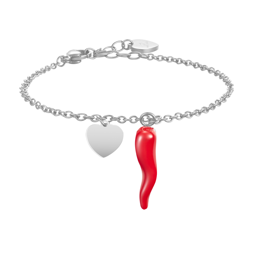 PULSERA DE ACERO PARA MUJER CON CORAZÓN Y CUERNO ROJO