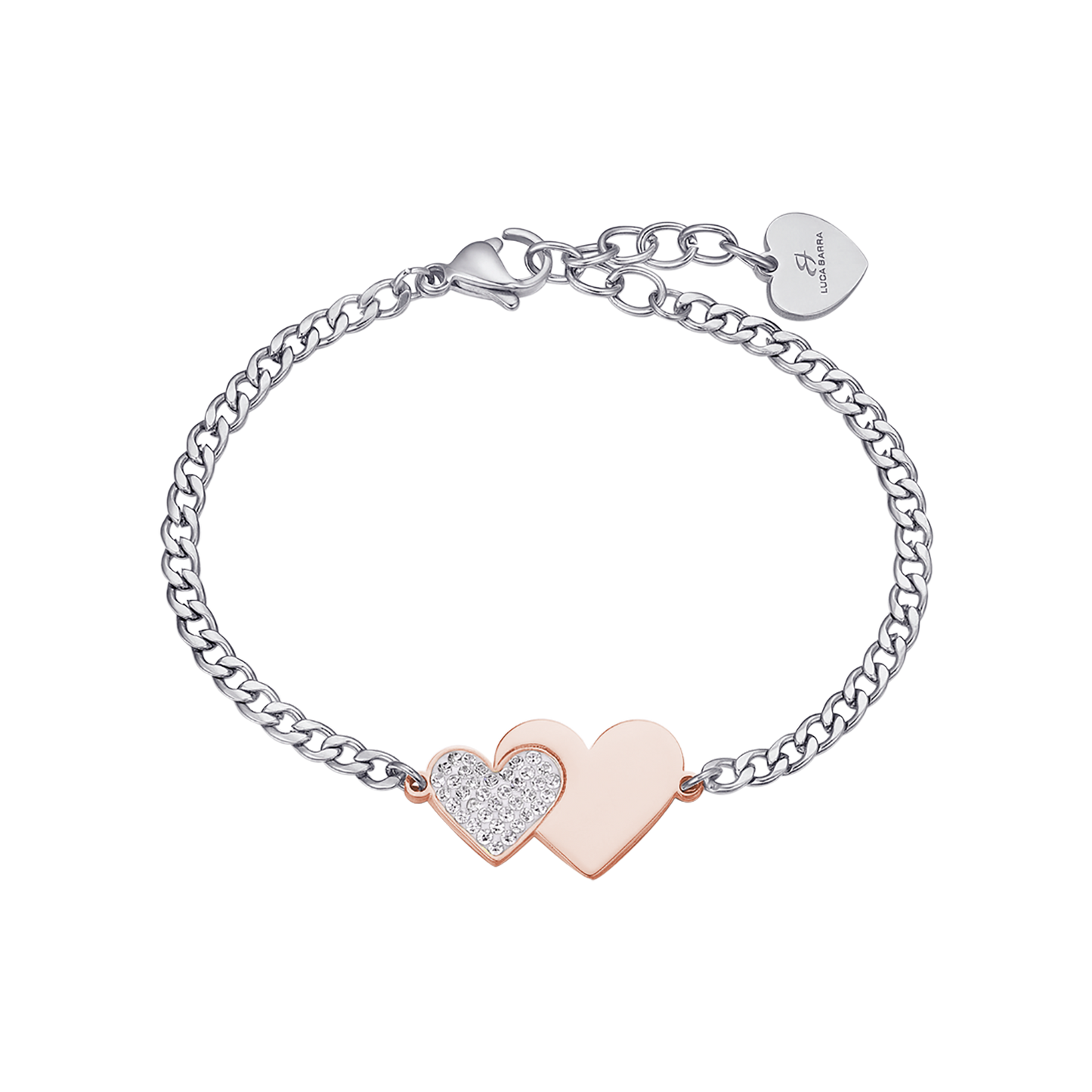 PULSERA DE ACERO INOXIDABLE CON CORAZÓN ROSA IP Y CRISTALES BLANCOS Luca Barra