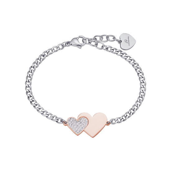 BRAZALETE DE ACERO CON CORAZÓN ROSA IP Y CRISTALES BLANCOS