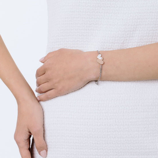 BRAZALETE DE ACERO CON CORAZÓN ROSA IP Y CRISTALES BLANCOS