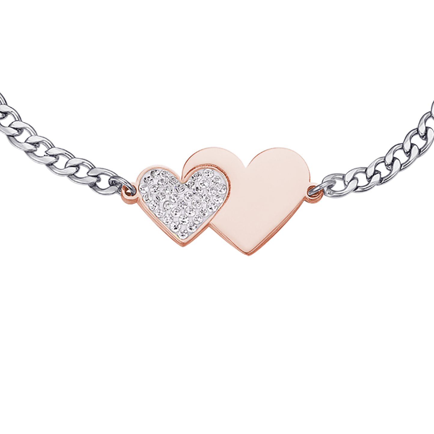 BRAZALETE DE ACERO CON CORAZÓN ROSA IP Y CRISTALES BLANCOS