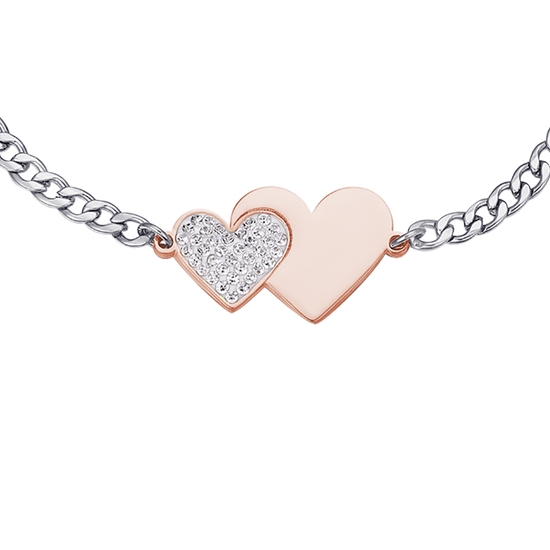 BRAZALETE DE ACERO CON CORAZÓN ROSA IP Y CRISTALES BLANCOS