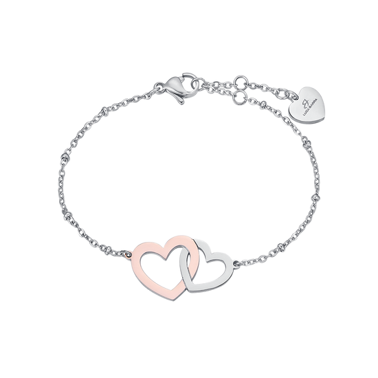 PULSERA DE ACERO CON CORAZONES DE ACERO Y ROSA IP DE ACERO