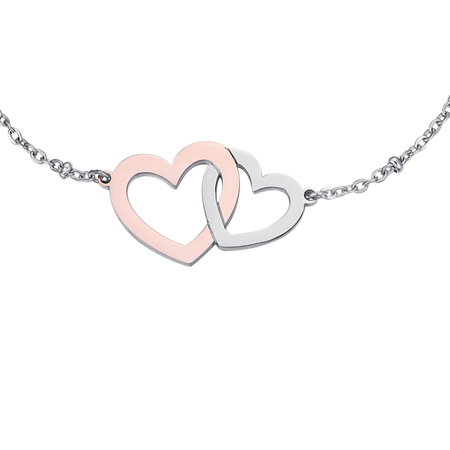 PULSERA DE ACERO CON CORAZONES DE ACERO Y ROSA IP DE ACERO