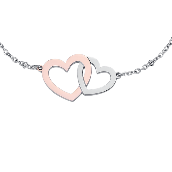 PULSERA DE ACERO CON CORAZONES DE ACERO Y ROSA IP DE ACERO