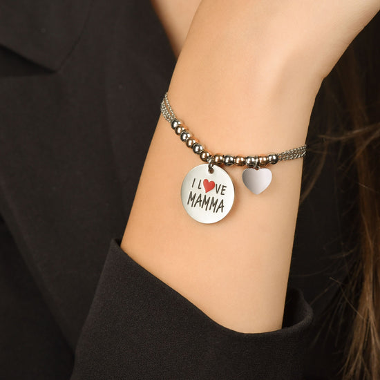 BRACCIALE DONNA IN ACCIAIO I LOVE MAMMA PALLINE ROSÈ