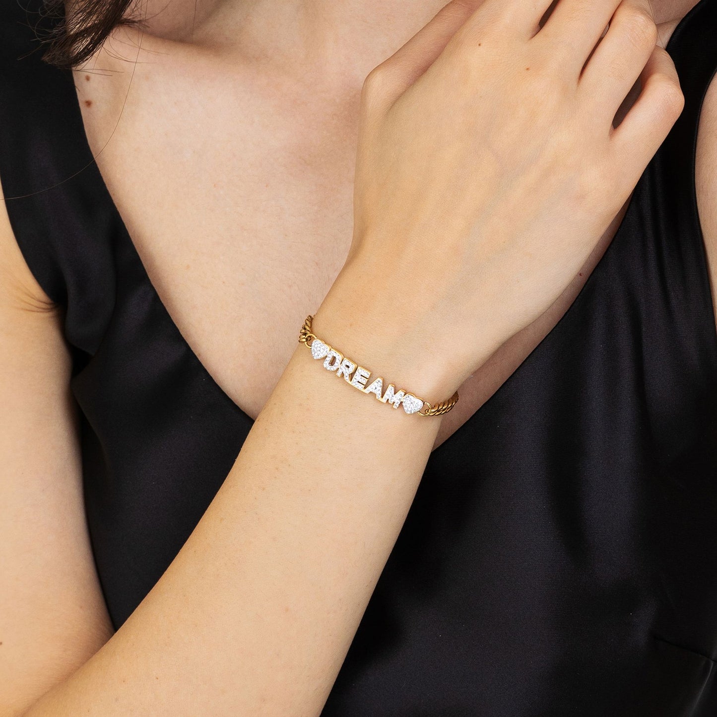 PULSERA DE ACERO DORADO DE ENSUEÑO PARA MUJER CON CRISTALES BLANCOS