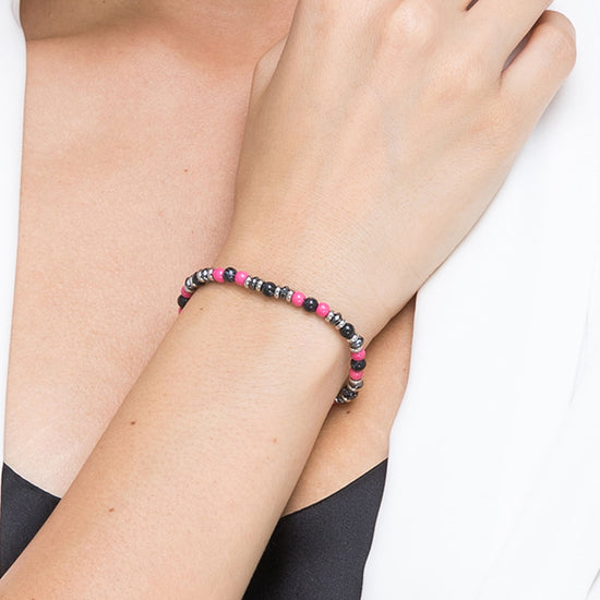 PULSERA DE ACERO CON PIEDRAS ROSAS Y NEGRAS