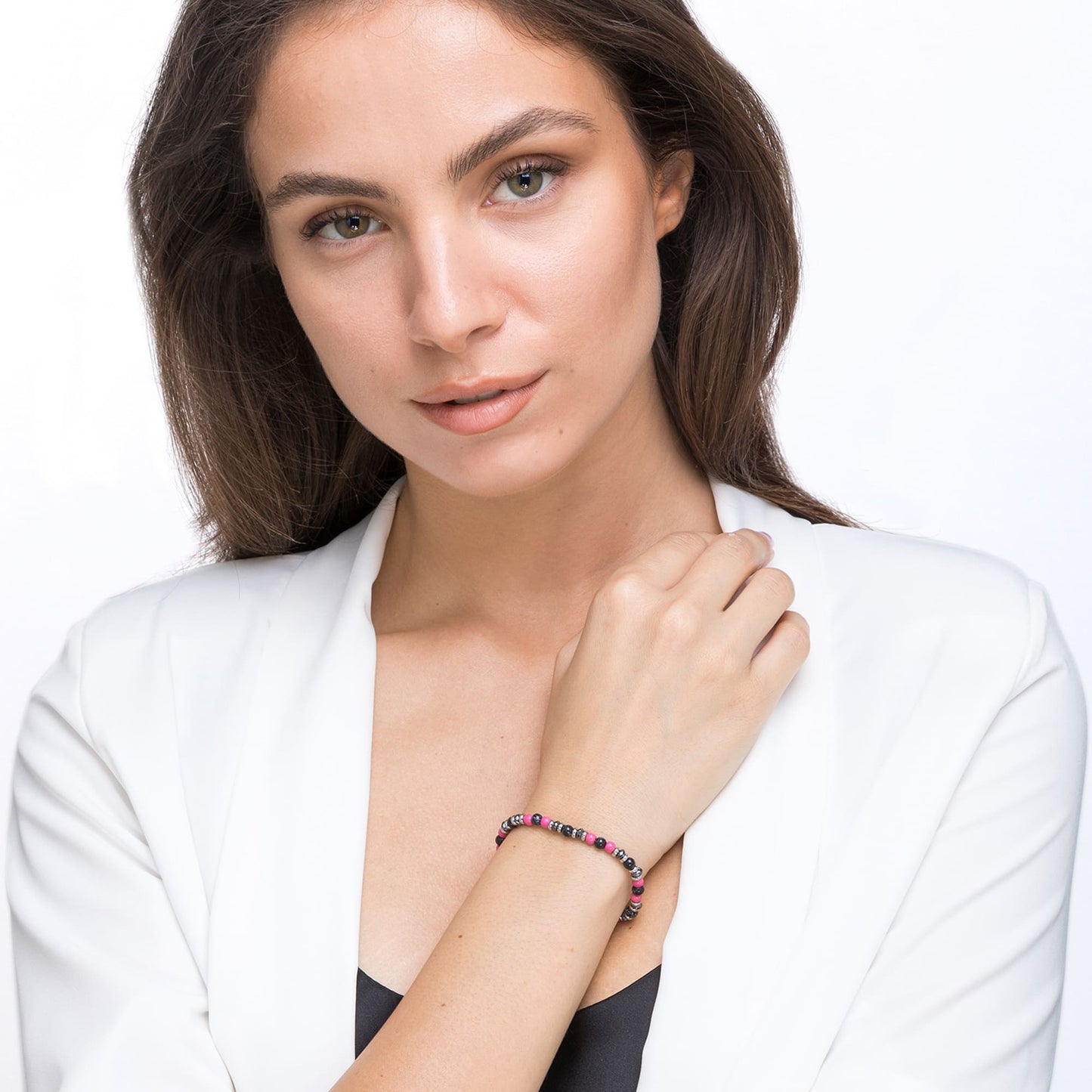 PULSERA DE ACERO CON PIEDRAS ROSAS Y NEGRAS
