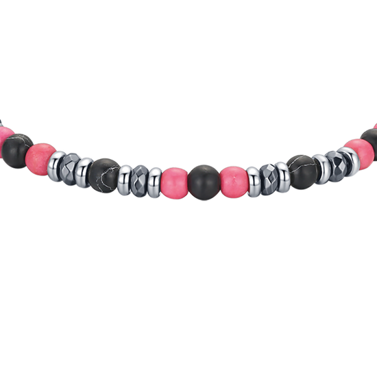 PULSERA DE ACERO CON PIEDRAS ROSAS Y NEGRAS