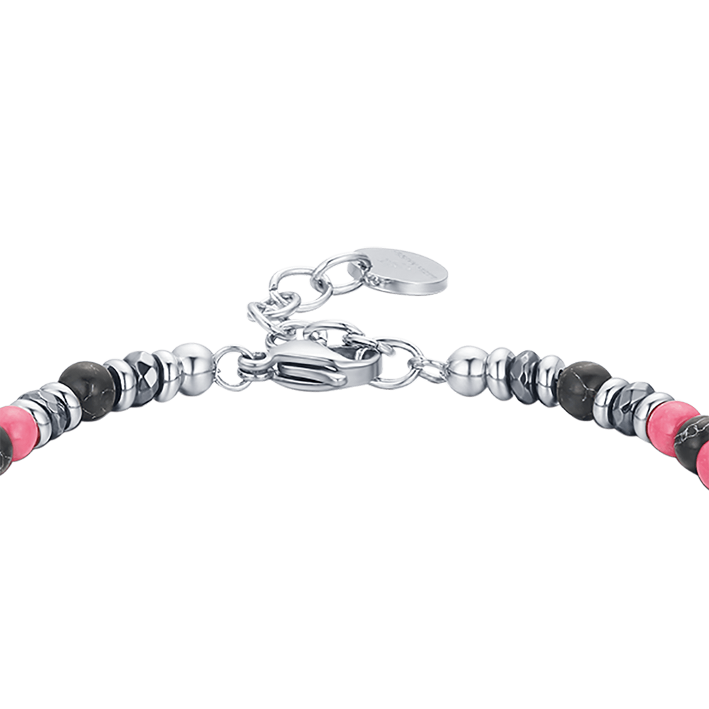 PULSERA DE ACERO CON PIEDRAS ROSAS Y NEGRAS