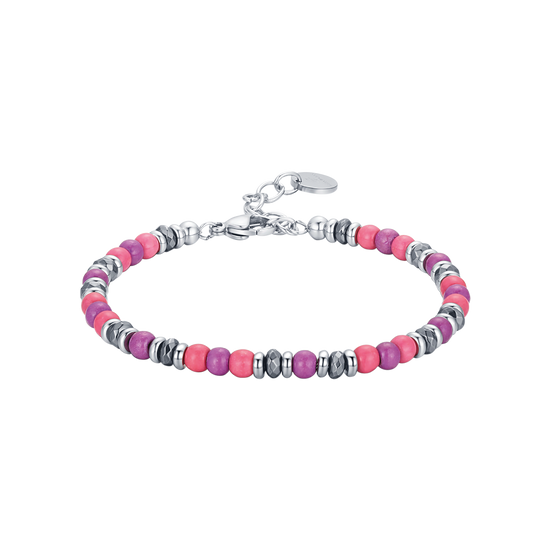 PULSERA DE ACERO CON PIEDRAS ROSAS Y VIOLETAS