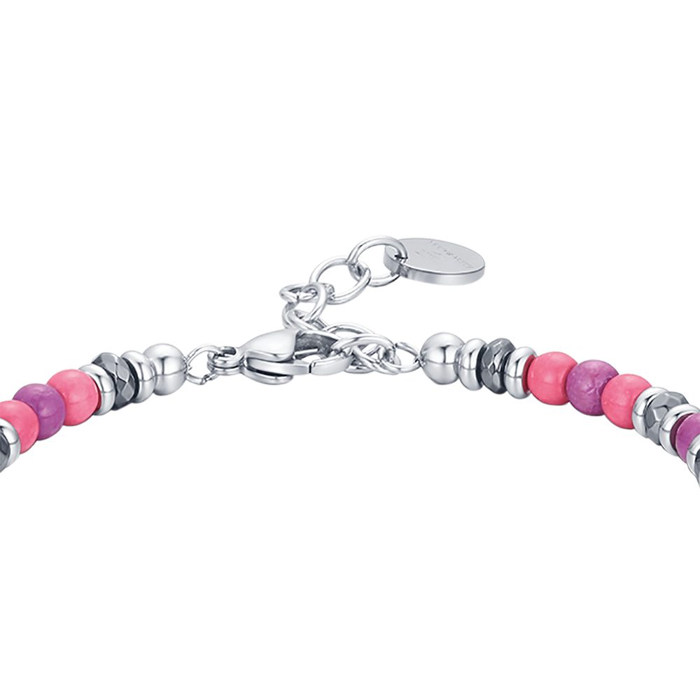 PULSERA DE ACERO CON PIEDRAS ROSAS Y VIOLETAS