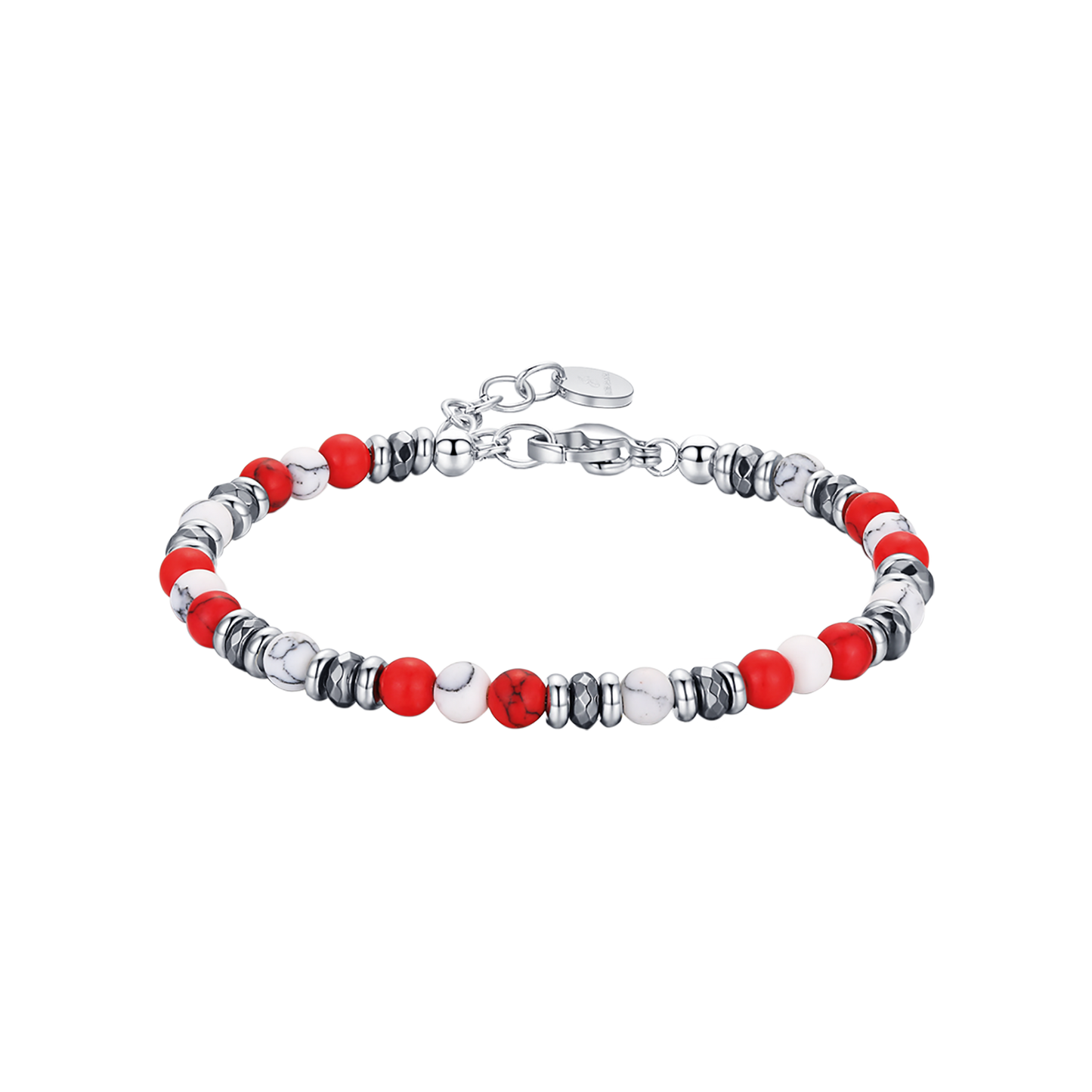 PULSERA DE ACERO CON PIEDRAS ROJAS Y BLANCAS