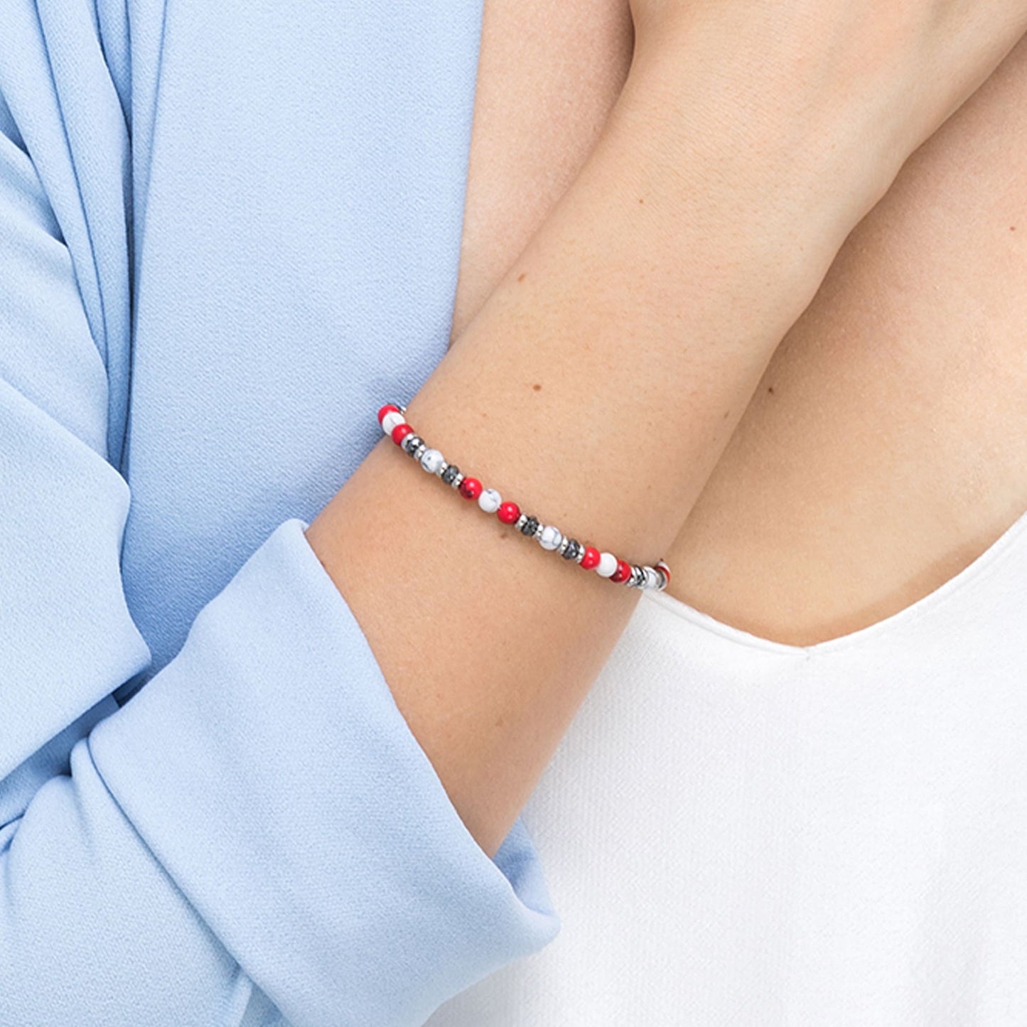 PULSERA DE ACERO CON PIEDRAS ROJAS Y BLANCAS