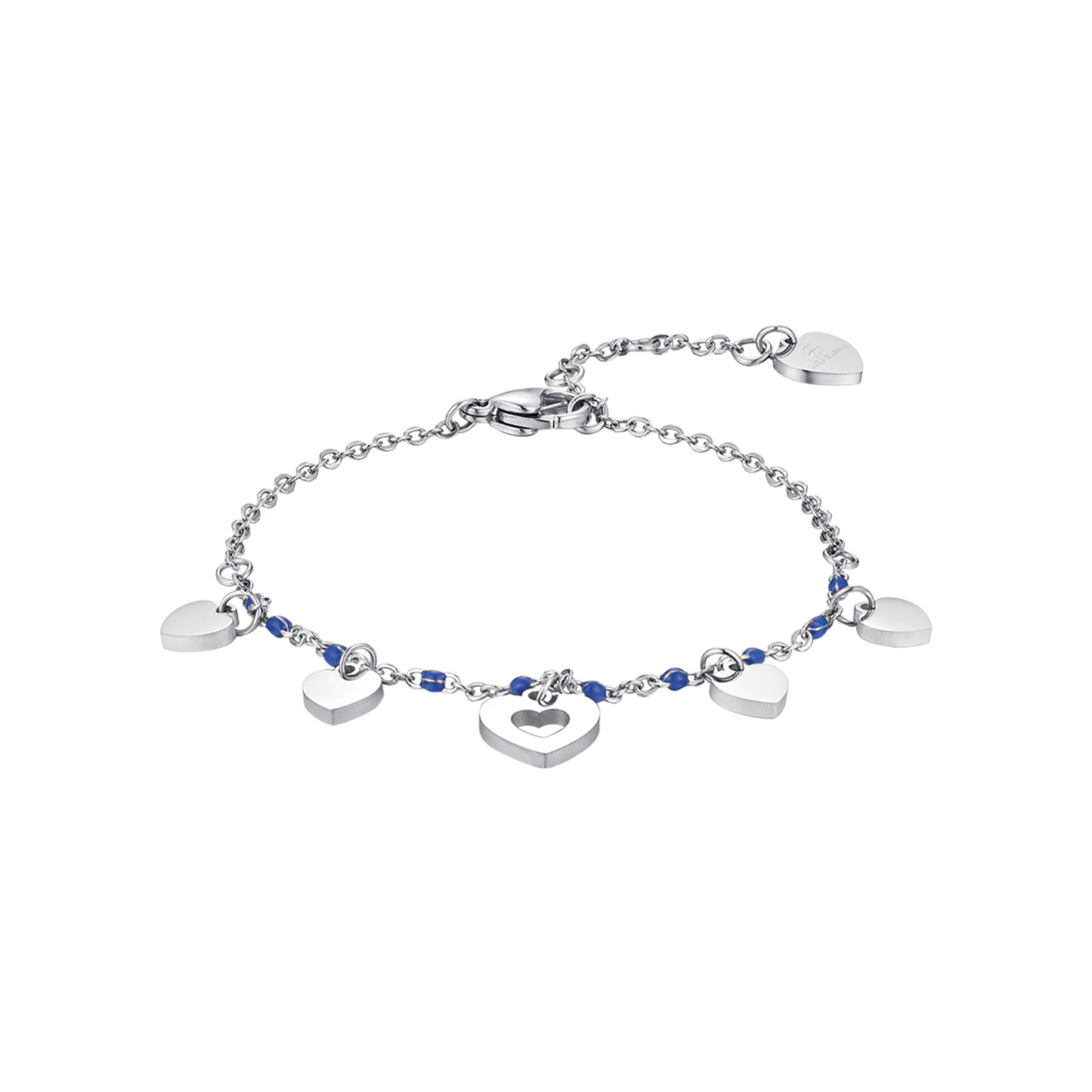 PULSERA DE ACERO CON CORAZONES Y PIEDRAS AZULES