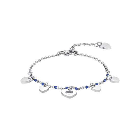PULSERA DE ACERO CON CORAZONES Y PIEDRAS AZULES