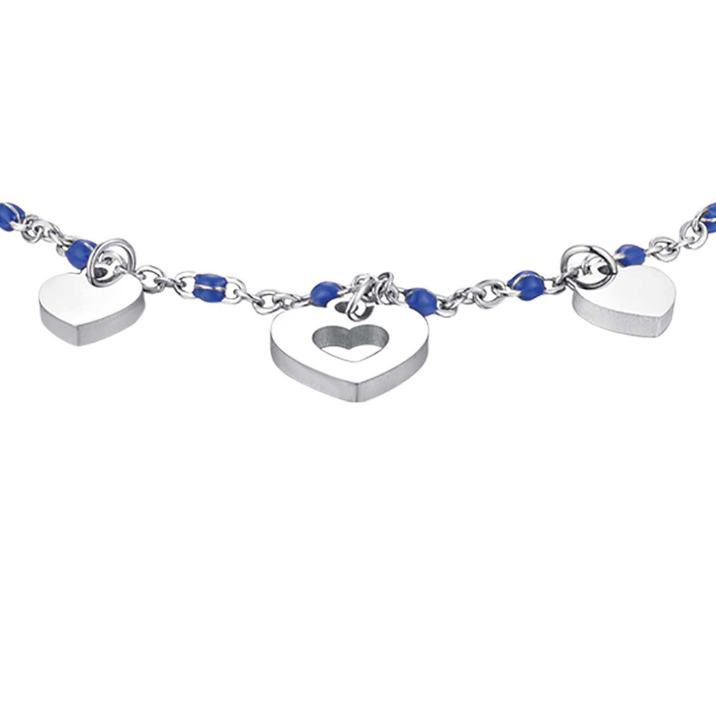 PULSERA DE ACERO CON CORAZONES Y PIEDRAS AZULES