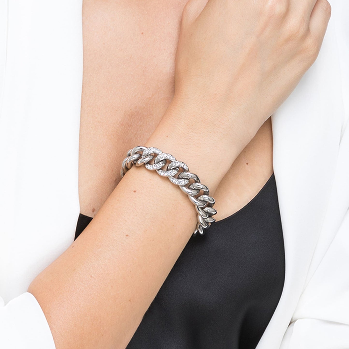 PULSERA DE ACERO PARA MUJER CON ESLABÓN DE CADENA DE CRISTALES BLANCOS