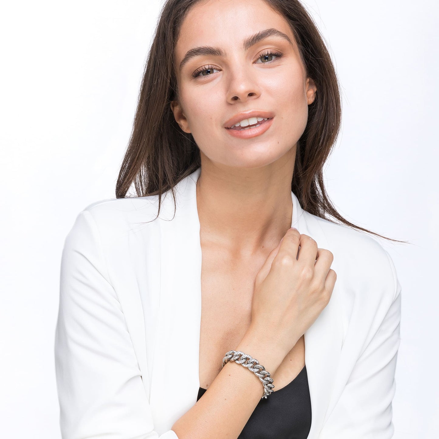 PULSERA DE ACERO PARA MUJER CON ESLABÓN DE CADENA DE CRISTALES BLANCOS
