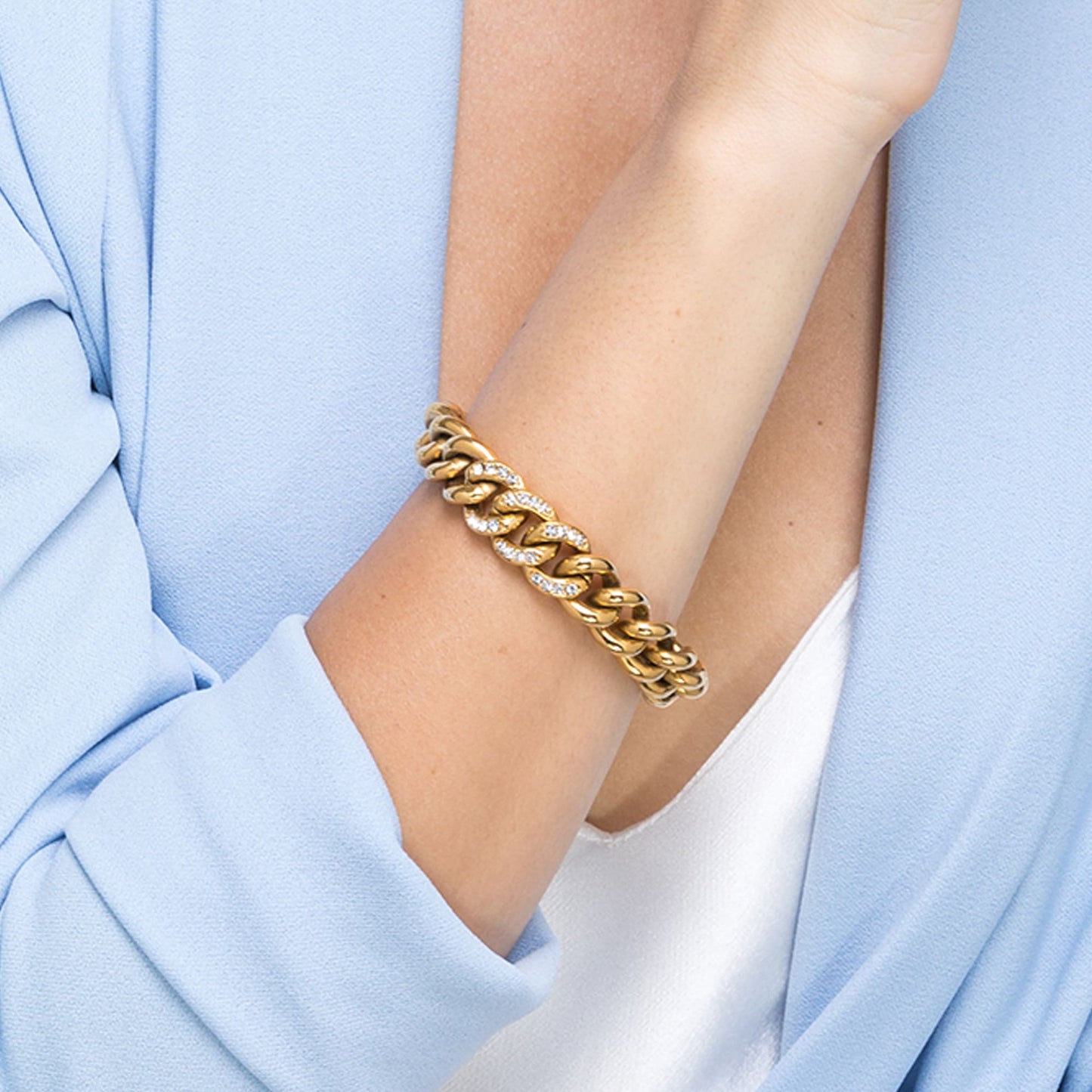 PULSERA DE ACERO PARA MUJER CON ESLABÓN DE CADENA DE CRISTALES BLANCOS