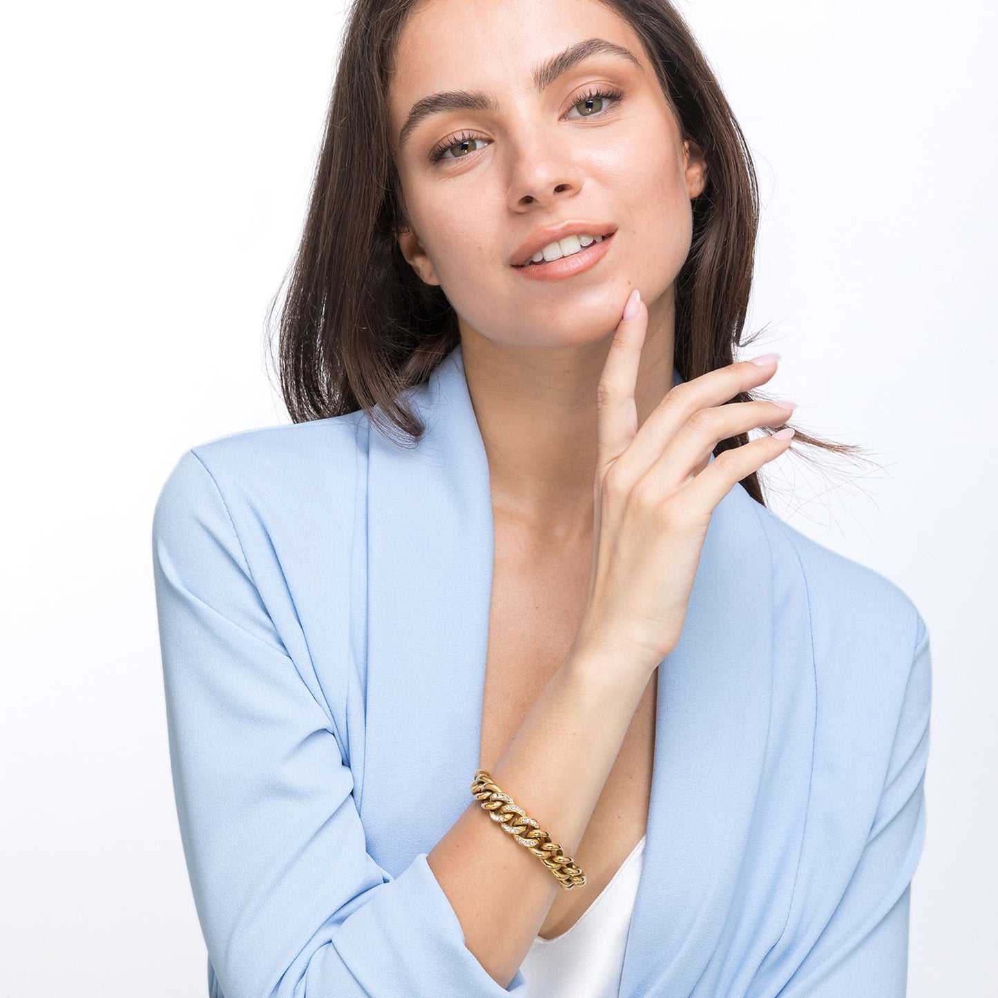 PULSERA DE ACERO PARA MUJER CON ESLABÓN DE CADENA DE CRISTALES BLANCOS