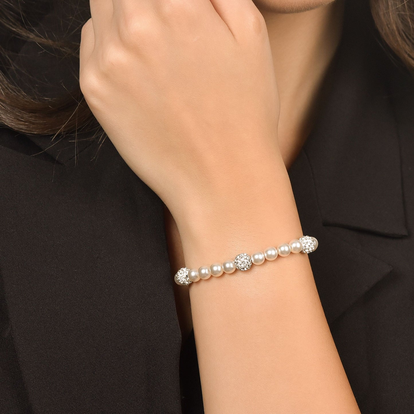 PULSERA DE PERLAS DE MUJER CON CRISTALES BLANCOS