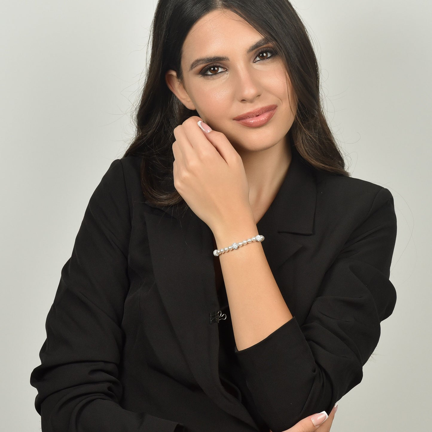 PULSERA DE PERLAS DE MUJER CON CRISTALES BLANCOS