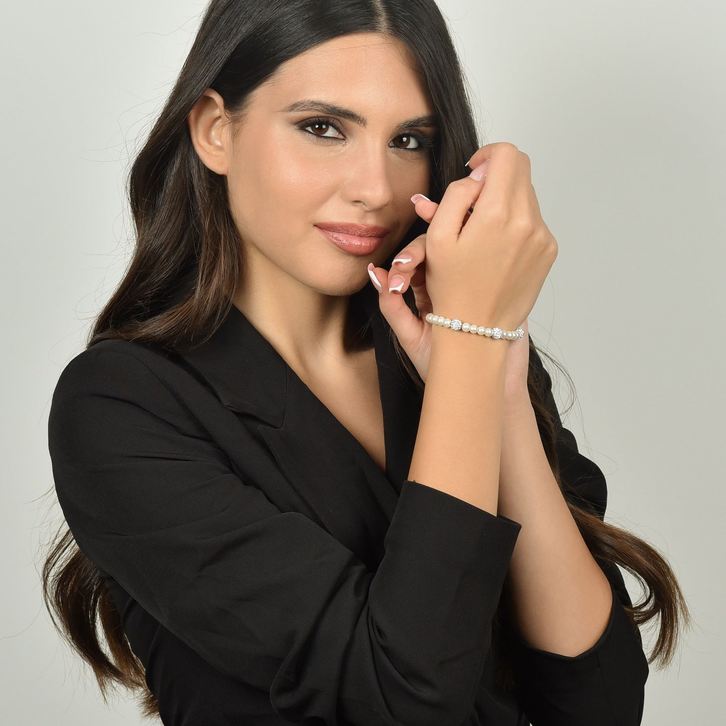PULSERA DE PERLAS DE MUJER CON CRISTALES BLANCOS
