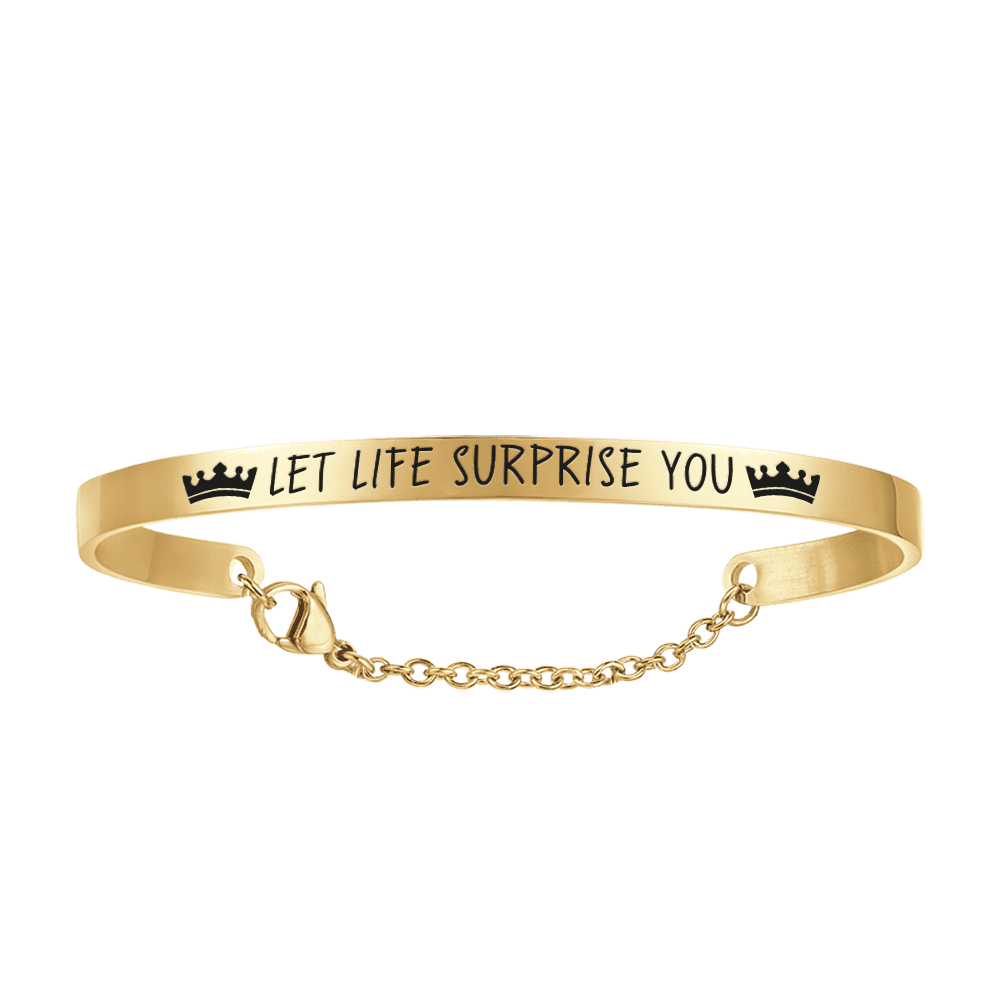 DEJA QUE LA VIDA TE SORPRENDA BRAZALETE DE ACERO DORADO PARA MUJER