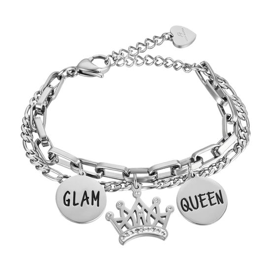 PULSERA DE ACERO PARA MUJER CON CORONA CON CRISTALES BLANCOS Y PLACAS DE ESMALTE