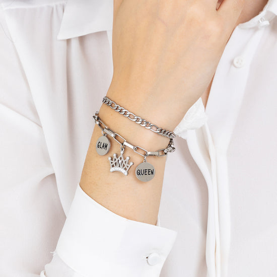 PULSERA DE ACERO PARA MUJER CON CORONA CON CRISTALES BLANCOS Y PLACAS DE ESMALTE