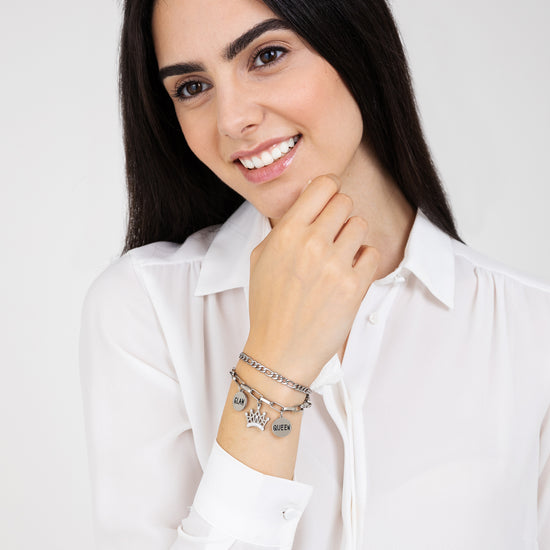 PULSERA DE ACERO PARA MUJER CON CORONA CON CRISTALES BLANCOS Y PLACAS DE ESMALTE