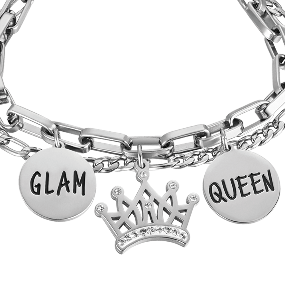 PULSERA DE ACERO PARA MUJER CON CORONA CON CRISTALES BLANCOS Y PLACAS DE ESMALTE