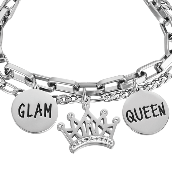 PULSERA DE ACERO PARA MUJER CON CORONA CON CRISTALES BLANCOS Y PLACAS DE ESMALTE