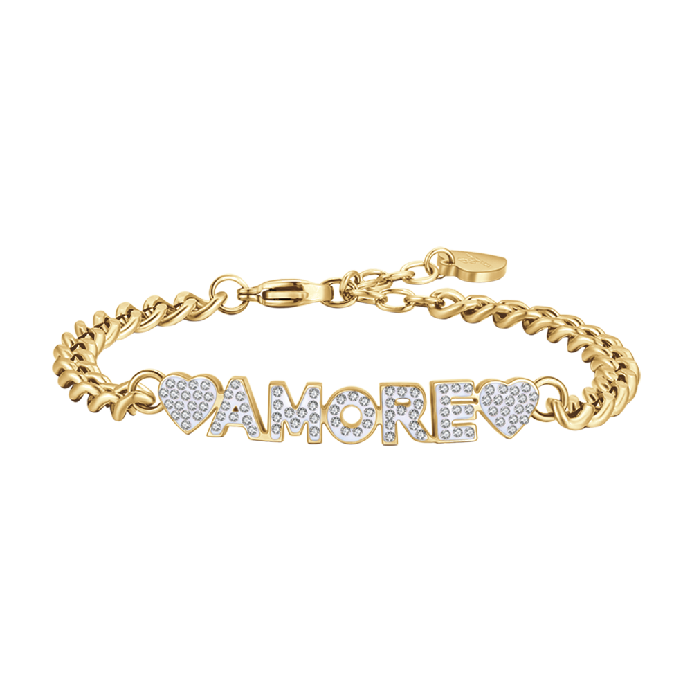 PULSERA DEL AMOR DE ACERO DORADO CON CRISTALES BLANCOS