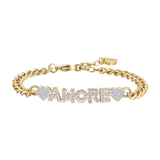 PULSERA DEL AMOR DE ACERO DORADO CON CRISTALES BLANCOS