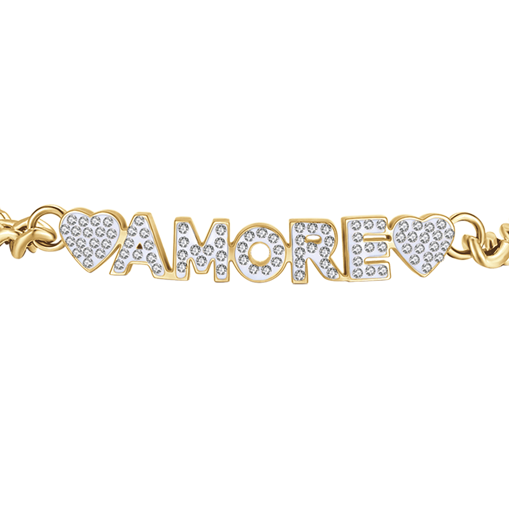 PULSERA DEL AMOR DE ACERO DORADO CON CRISTALES BLANCOS