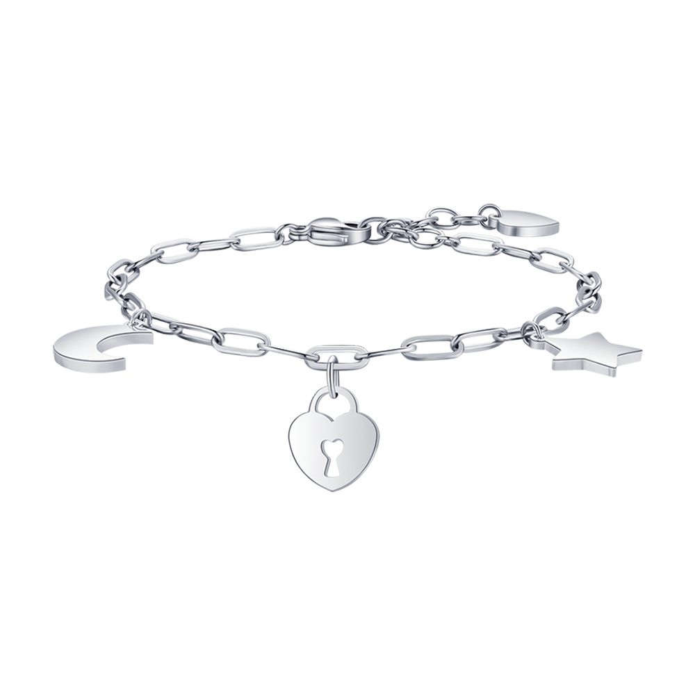 PULSERA DE ACERO PARA MUJER CON CANDADO DE CORAZÓN DE LUNA Y ESTRELLA