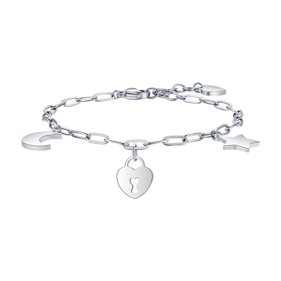 PULSERA DE ACERO PARA MUJER CON CANDADO DE CORAZÓN DE LUNA Y ESTRELLA