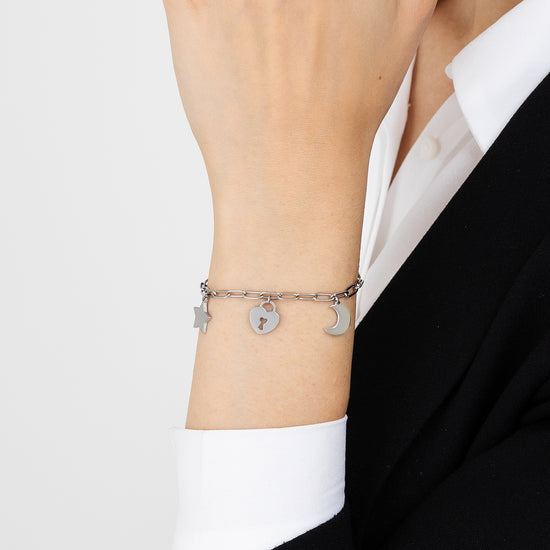 PULSERA DE ACERO PARA MUJER CON CANDADO DE CORAZÓN DE LUNA Y ESTRELLA