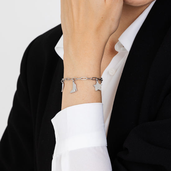 PULSERA DE ACERO PARA MUJER CON CORAZÓN, ZAPATO Y ESTRELLA