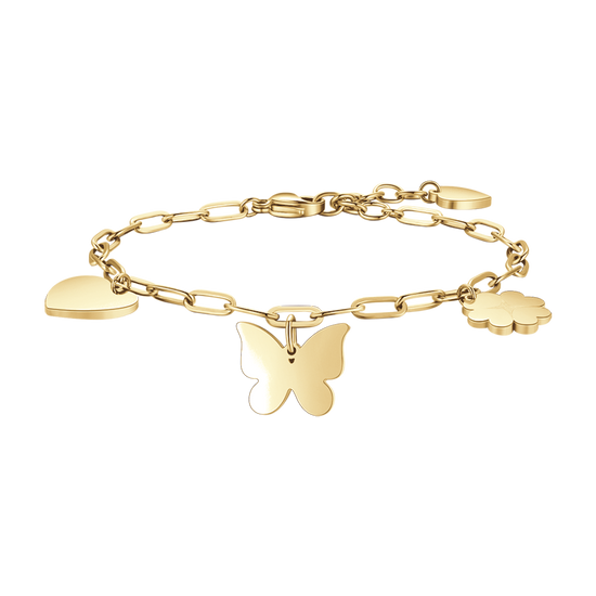 PULSERA DE ACERO DORADO PARA MUJER CON CORAZÓN, MARIPOSA Y TRÉBOL DE CUATRO HOJAS