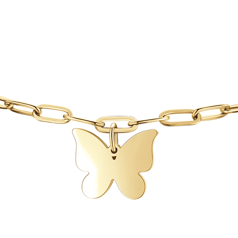 PULSERA DE ACERO DORADO PARA MUJER CON CORAZÓN, MARIPOSA Y TRÉBOL DE CUATRO HOJAS
