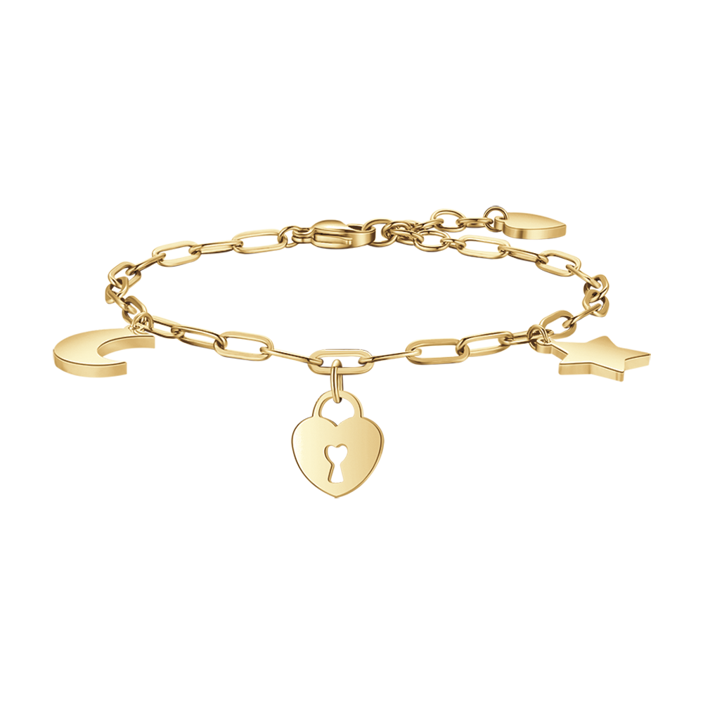 PULSERA DE ACERO DORADO PARA MUJER CON LUNA, CORAZÓN DE CANDADO Y ESTRELLA