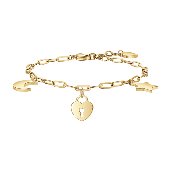 PULSERA DE ACERO DORADO PARA MUJER CON LUNA, CORAZÓN DE CANDADO Y ESTRELLA