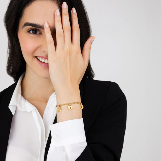 PULSERA DE ACERO DORADO PARA MUJER CON LUNA, CORAZÓN DE CANDADO Y ESTRELLA