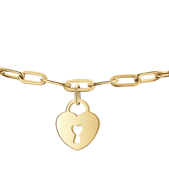 PULSERA DE ACERO DORADO PARA MUJER CON LUNA, CORAZÓN DE CANDADO Y ESTRELLA