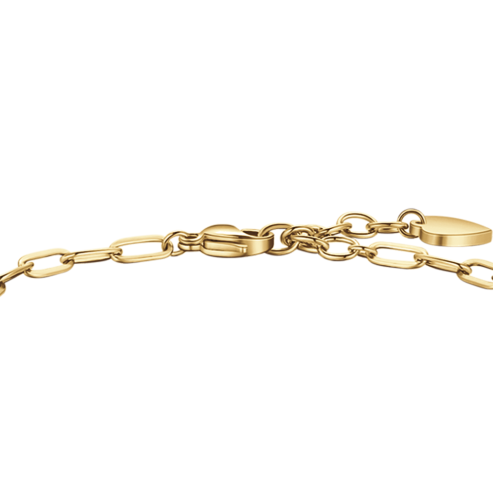 PULSERA DE ACERO DORADO PARA MUJER CON LUNA, CORAZÓN DE CANDADO Y ESTRELLA